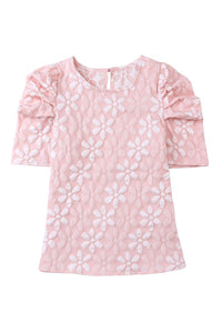 Pink Floral Lace Ruched Bubble Sleeve Top | Tops/Tops & Tees
