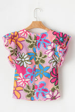 Load image into Gallery viewer, Multicolor Vibrant Floral Print Trimmed Ruffle Sleeve Blouse | Tops/Blouses &amp; Shirts
