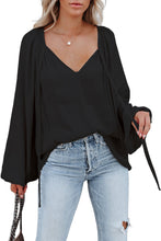 Load image into Gallery viewer, Black Tie V Neck Pleated Puff Sleeve Satin Blouse | Tops/Blouses &amp; Shirts
