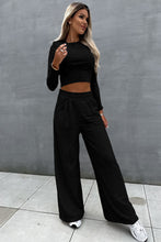 Load image into Gallery viewer, Crop Pants Set | Two-Piece Black Crop Top and Wide Leg Pants
