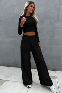 Crop Pants Set | Two-Piece Black Crop Top and Wide Leg Pants