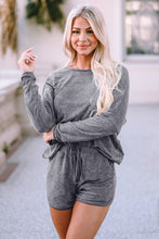 Load image into Gallery viewer, Shorts Lounge Set | Gray Long Sleeve Top and Drawstring
