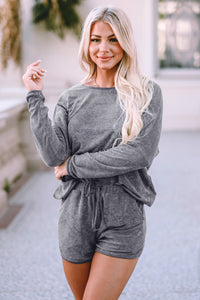 Shorts Lounge Set | Gray Long Sleeve Top and Drawstring