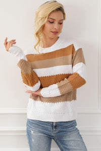 Chestnut Striped Cable Knit Drop Shoulder Sweater | Tops/Sweaters & Cardigans