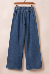 Wide Leg Jeans | Dark Blue Drawstring Elastic Waist