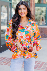 Carrot Floral Print Buttons Front Bubble Sleeve Shirt | Tops/Blouses & Shirts