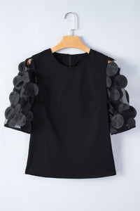 Half Sleeve Blouse | Black Contrast Applique Mesh Top