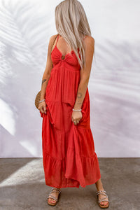 Womens Maxi Dress | Red O-ring Smocked Back Spaghetti Straps Tiered Maxi Dress | Dresses/Maxi Dresses