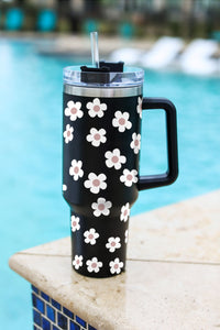 Black Floret Print Stainless Tumbler With Lid And Straw 40oz | Accessories/Tumblers