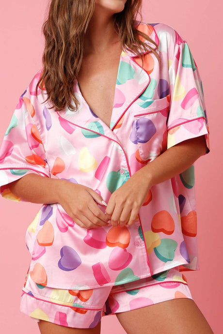 Pink Full Pattern Shirt and Shorts Satin Pajama Set | Loungewear & Sleepwear/Sleepwear