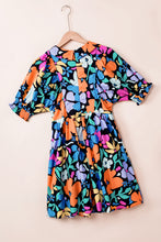 Load image into Gallery viewer, Blue Collared Split Neck Floral Flared Dress | Dresses/Floral Dresses
