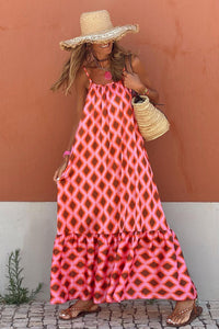 Fiery Red Geometric Print Loose Fit Sleeveless Maxi Dress | Dresses/Maxi Dresses