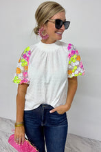 Load image into Gallery viewer, Puff Sleeve Top | White Collar Sequin Flower Textured Blouse
