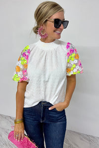 Puff Sleeve Top | White Collar Sequin Flower Textured Blouse