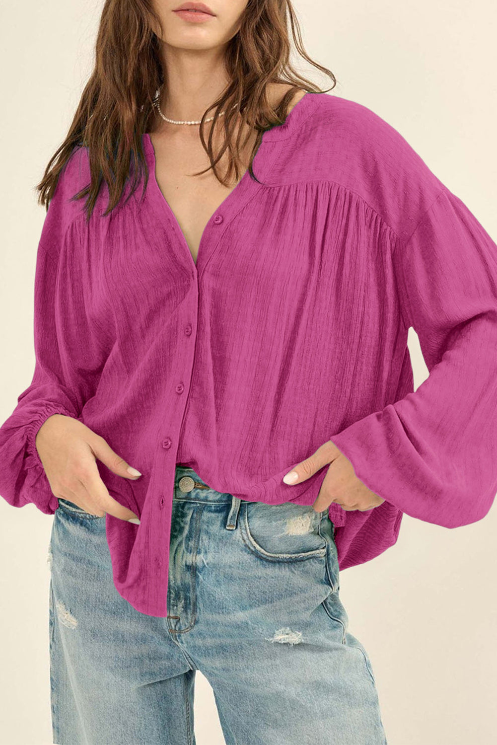 Rose Solid Color Jacquard Puff Sleeve Button up Shirt | Tops/Blouses & Shirts