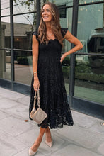 Load image into Gallery viewer, Black Midi Dress | Lace Smocked Bodice Sleeveless Dress
