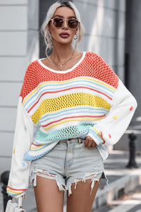 Multicolor Hollow Striped Knit Contrast Sleeve Sweater | Tops/Sweaters & Cardigans