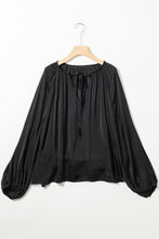 Load image into Gallery viewer, Black Tie V Neck Pleated Puff Sleeve Satin Blouse | Tops/Blouses &amp; Shirts
