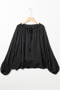 Black Tie V Neck Pleated Puff Sleeve Satin Blouse | Tops/Blouses & Shirts