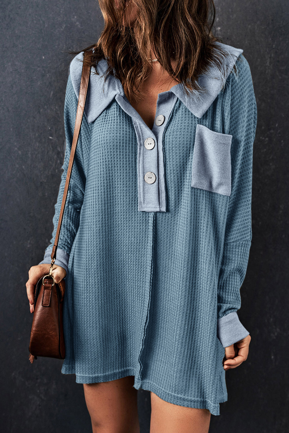 Sky Blue Waffle Knit Buttoned Long Sleeve Top | Tops/Long Sleeve Tops