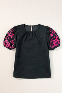 Puff Sleeve Top | Black Floral Embroidered Textured