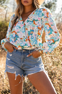 Sky Blue Floral Print Wrap Long Sleeve Bodysuit | Tops/Bodysuits