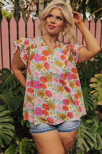 Load image into Gallery viewer, Multicolour Plus Floral Notched Neck Ruffle Sleeve Blouse | Plus Size/Plus Size Tops/Plus Size Blouses &amp; Shirts
