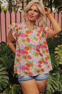 Multicolour Plus Floral Notched Neck Ruffle Sleeve Blouse | Plus Size/Plus Size Tops/Plus Size Blouses & Shirts