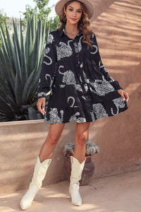 Black Leopard Print Button-up Long Sleeve Shirt Mini Dress | Dresses/Mini Dresses