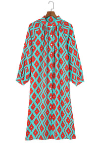 Shirt Dress | Sky Blue Western Geometric Print Split Buttoned