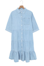 Load image into Gallery viewer, Sky Blue Ruffled Denim Full Buttoned Midi Dress | Dresses/Midi Dresses
