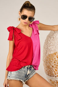 Ribbon Tied Contrast Pink Red Top