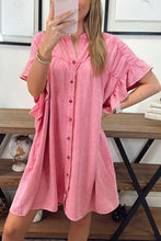 Load image into Gallery viewer, Pink Ruffled Short Sleeve Buttoned Denim Mini Dress | Dresses/Mini Dresses
