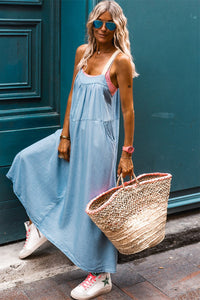 Beau Blue Contrast Straps Pocketed Long Chambray Dress | Dresses/Maxi Dresses