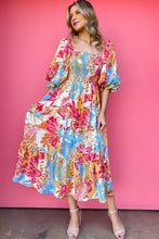 Load image into Gallery viewer, Rose Red Tropical Print Smocked Bodice Puff Sleeve Maxi Dress | Dresses/Floral Dresses
