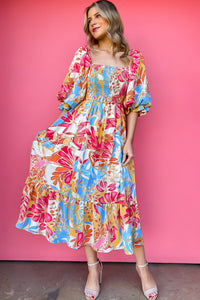 Rose Red Tropical Print Smocked Bodice Puff Sleeve Maxi Dress | Dresses/Floral Dresses