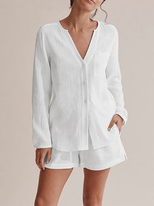 Top & Shorts Set | Notched Long Sleeve Top and Shorts Set