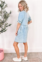 Load image into Gallery viewer, Beau Blue Mineral Wash Ruffled Short Sleeve Buttoned Denim Dress | Dresses/Mini Dresses
