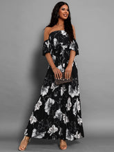 Load image into Gallery viewer, Off Shoulder Midi Dress | Pleated Floral Short Sleeve Dress
