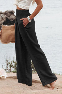 Black Shirred High Waist Plus Size Wide Leg Pants | Plus Size/Plus Size Bottoms