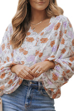 Load image into Gallery viewer, Multicolour Floral Print V Neck Puffy Lantern Sleeve Blouse | Tops/Blouses &amp; Shirts
