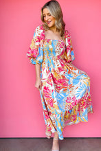 Load image into Gallery viewer, Rose Red Tropical Print Smocked Bodice Puff Sleeve Maxi Dress | Dresses/Floral Dresses
