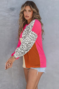 Rose Leopard Patchwork Color Block Ribbed Long Sleeve Top | Tops/Long Sleeve Tops