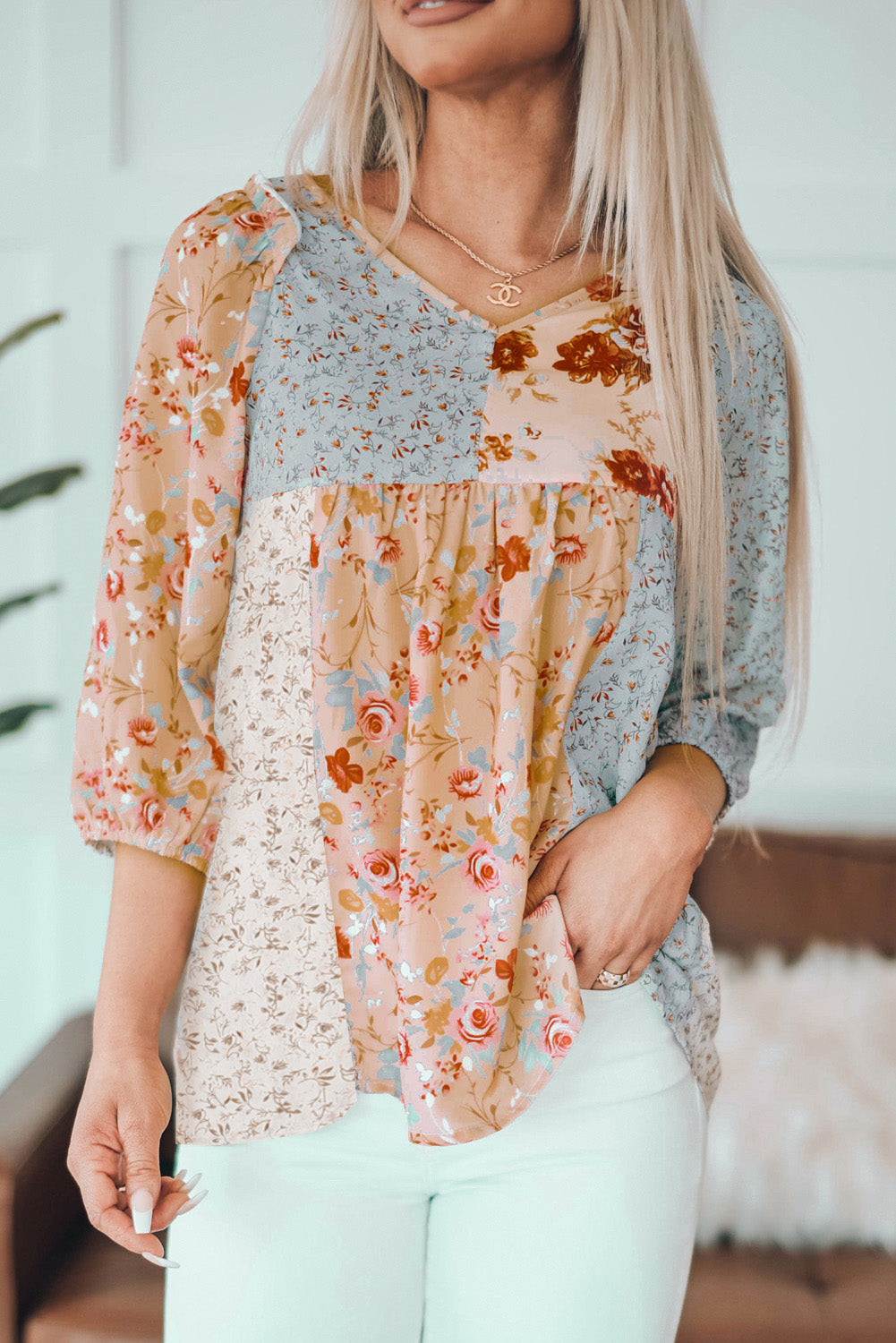 Multicolor V Neck Mixed Floral Babydoll Top | Tops/Tops & Tees