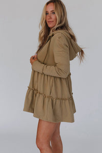 Khaki Tiered Ruffled Zip-Up Drawstring Hooded Jacket | Outerwear/Jackets