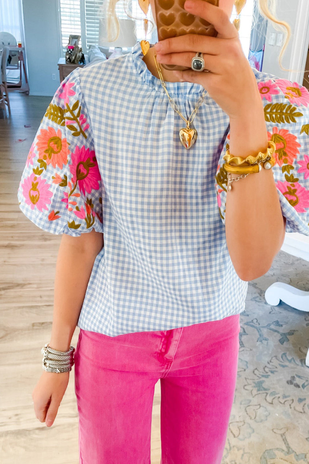 Light Blue Gingham Floral Embroidered Puff Sleeve Blouse | Tops/Blouses & Shirts