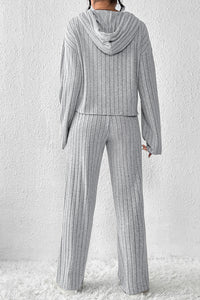 Wide Leg Pants Set | Gray Ribbed Knit Slouchy Hoodie