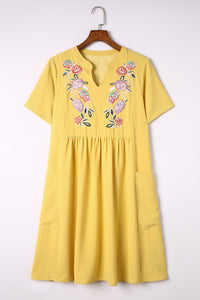 Yellow Split Neck Embroidered Floral Babydoll Swing Dress | Dresses/Floral Dresses