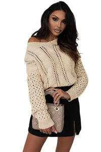 Drop Shoulder Sweater | Khaki Eyelets Cable Knit