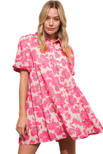 Load image into Gallery viewer, Pink Floral Tiered Puff Sleeve Mini Shirt Dress
